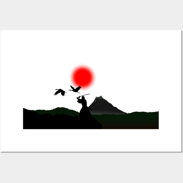 Samurai, crane and Fujiyama Wall Art by DrTigrou